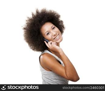 Beautiful African American woman talking on cell phone, isolated on white background