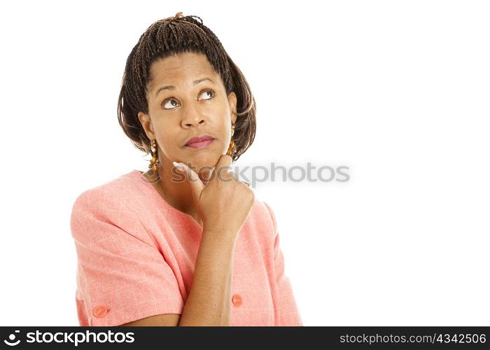 Beautiful African-American woman thinking. Isolated on white.
