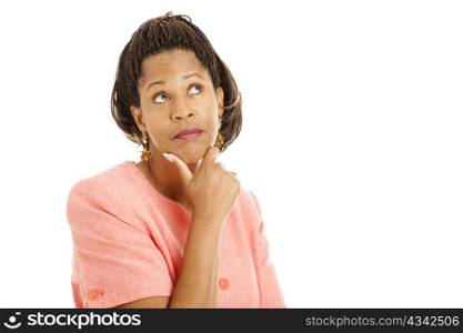 Beautiful African-American woman thinking. Isolated on white.