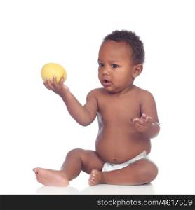 Beautiful african baby diapers eating apple isolated on a white background