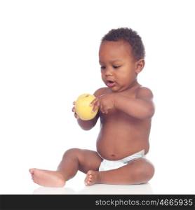 Beautiful african baby diapers eating apple isolated on a white background
