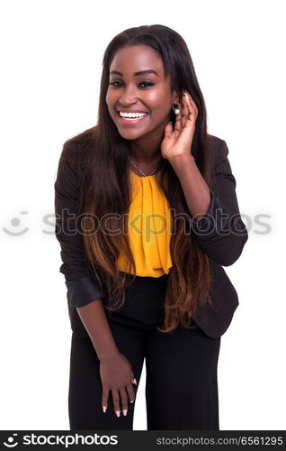 Beautiful african business woman asking for you to speak louder, isolated over white