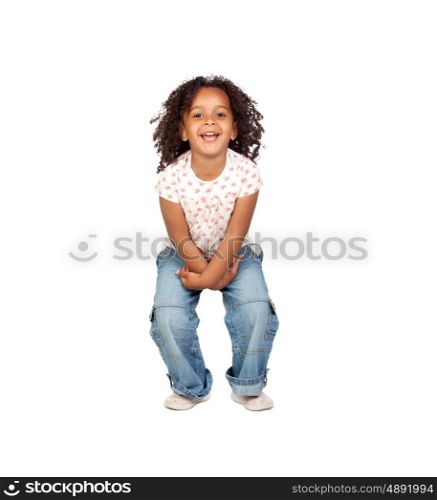 Beautiful african child with jeans isolated on a white background