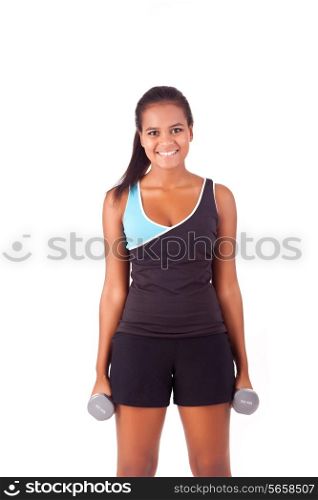Beautiful african fitness woman working out with free weights