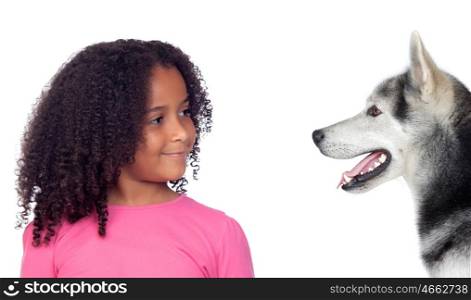 Beautiful african girl with her dog isolated on a white background