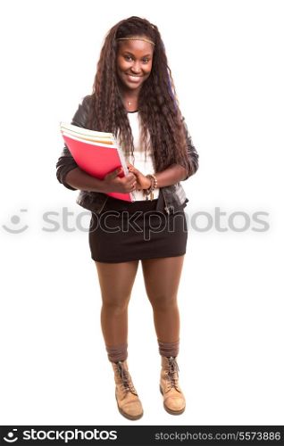 Beautiful african student woman posing isolated over white background