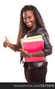 Beautiful african student woman posing isolated over white background