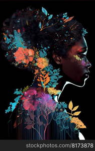 Beautiful african woman covered with blossom springtime flowers on her in modern abstract art.. Floral bouquet collage on her head in double exposure. Black isolated background. Superb Generative AI.. Beautiful african woman covered with blossom springtime flowers