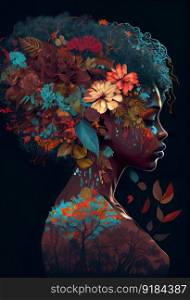 Beautiful african woman covered with blossom springtime flowers on her in modern abstract art.. Floral bouquet collage on her head in double exposure. Black isolated background. Superb Generative AI.. Beautiful african woman covered with blossom springtime flowers