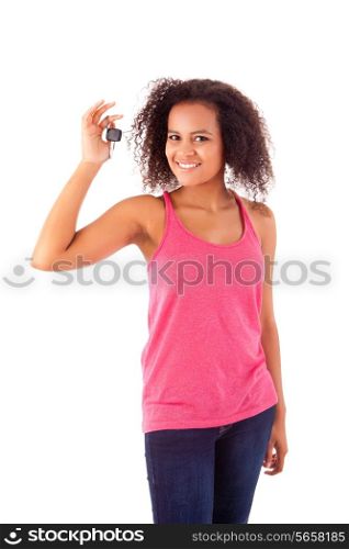 Beautiful african woman holding a car key