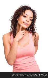 Beautiful african woman thinking over white background