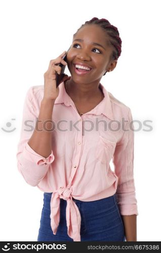 beautiful african woman with a smartphone, isolated on white background. woman on the phone