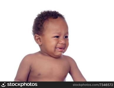 Beautiful Afro-American baby crying isolated on a white background