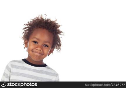 Beautiful Afro-American boy laughing isolated on a white background