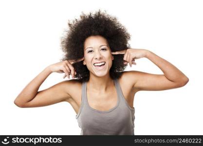 Beautiful Afro-American woman doing a silence gesture with fingers on the ears, isolated on white