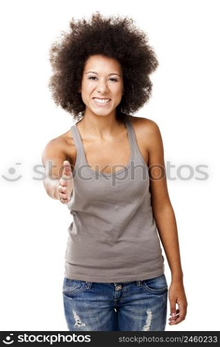 Beautiful Afro-American woman giving a handshake, isolated on white background