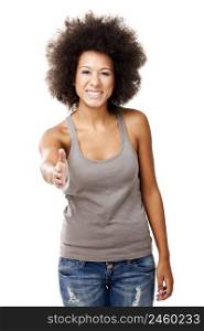 Beautiful Afro-American woman giving a handshake, isolated on white background