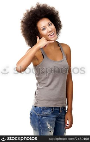 Beautiful Afro-American woman showing the call sign, isolated on white