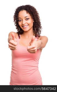 Beautiful afro woman showing thumb up over white background