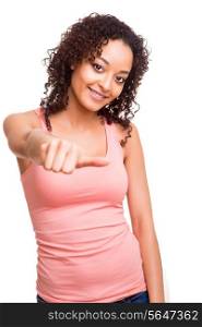 Beautiful afro woman showing thumb up over white background