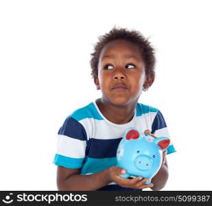 Beautiful afroamerican child with a blue moneybox isolated on a white background