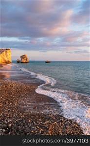 Beautiful afternoon view in portrait format of the beach around Petra tou Romiou, in Paphos, Cyprus. It is considered to be Aphrodite&rsquo;s birthplace in Greek mythology.