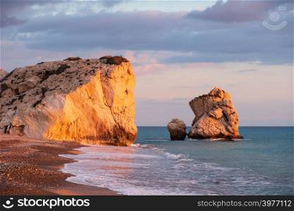 Beautiful afternoon view of the beach around Petra tou Romiou, in Paphos, Cyprus. It is considered to be Aphrodite&rsquo;s birthplace in Greek mythology.