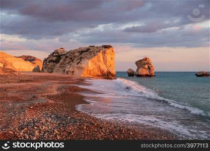 Beautiful afternoon view of the beach around Petra tou Romiou, in Paphos, Cyprus. It is considered to be Aphrodite&rsquo;s birthplace in Greek mythology.