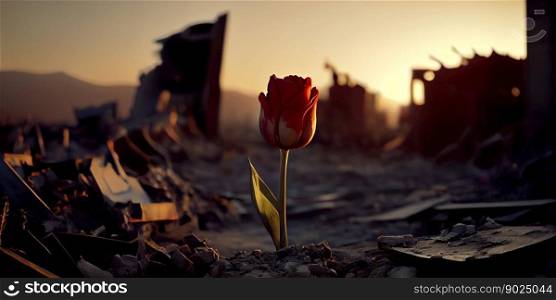 Beautiful alone tulip growing after post nuclear explosion, nature grows even after great war