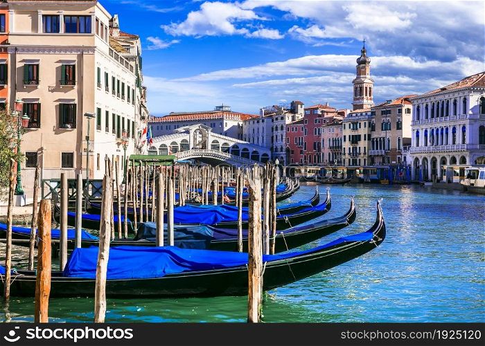 Beautiful amazing Venice town. Grand canal with godolas and Rialto Bridge. Italy. Nov.2020