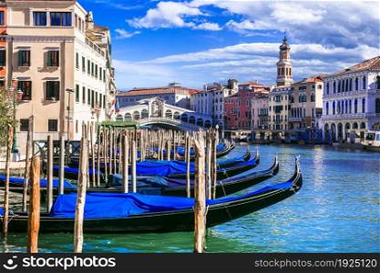 Beautiful amazing Venice town. Grand canal with godolas and Rialto Bridge. Italy. Nov.2020