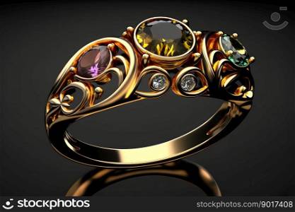 Beautiful ancient golden ring with many various big expensive gemstones and vintage ornament shape. Neural network AI generated art. Beautiful ancient golden ring with many various big expensive gemstones and vintage ornament shape. Neural network generated art
