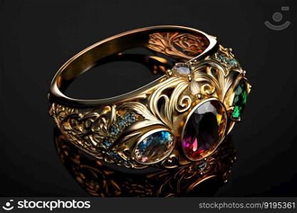Beautiful ancient golden ring with many various big expensive gemstones and vintage ornament shape. Neural network AI generated art. Beautiful ancient golden ring with many various big expensive gemstones and vintage ornament shape. Neural network generated art