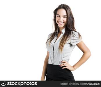 Beautiful and attractive business woman smiling, isolated on white background