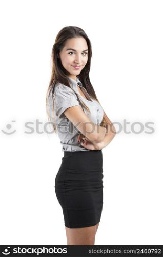 Beautiful and attractive business woman with arms folded, isolated on white background
