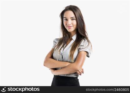Beautiful and attractive business woman with arms folded, isolated on white background
