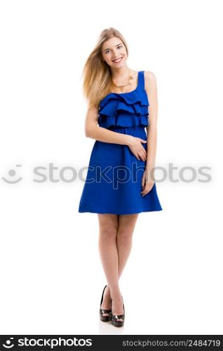 Beautiful and attractive fashion woman wearing a blue dress, isolated over white background