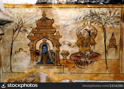 beautiful and colorful fresco paintings in temple wall. Fresco paintings