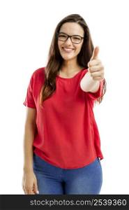 Beautiful and confident woman with thumbs up, isolated over white background