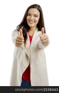 Beautiful and confident woman with thumbs up, isolated over white background