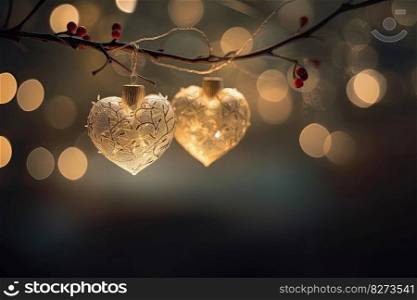 Beautiful and delicate heart shaped Christmas ornaments on tree branch, blurred background by generative AI