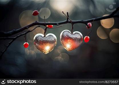 Beautiful and delicate heart shaped Christmas ornaments on tree branch, blurred background by generative AI