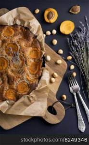 beautiful and delicious apricot cake with nuts and lavender. summer baking 