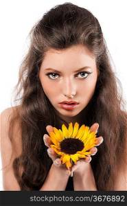 beautiful and fresh young girl in fashion beauty shot with sunflower