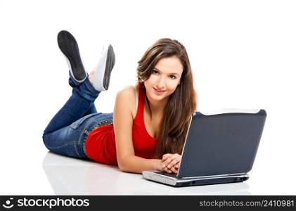 Beautiful and happy girl with a laptop, isolated on white