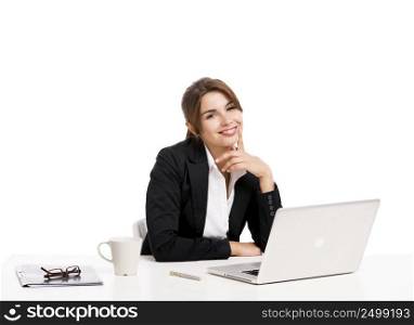 Beautiful and happy hispanic business woman working in the office, isolated over a white background