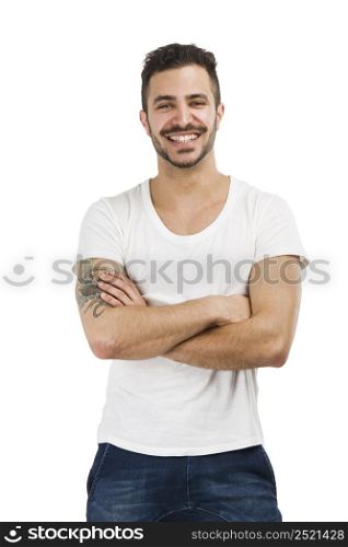 Beautiful and happy man smiling with hands folded