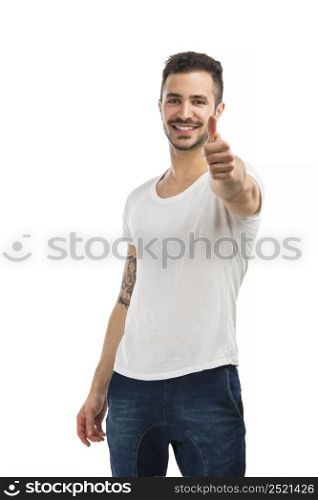 Beautiful and happy man smiling with thumb up