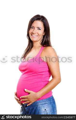 Beautiful and happy pregnant woman isolated oin white