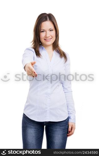 Beautiful and happy woman giving a hand shake isolated over white background
